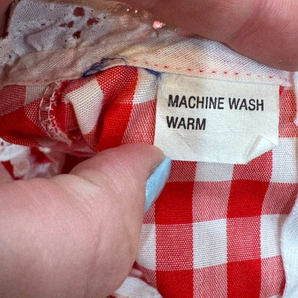 Vintage 90s Red Gingham Baby Dress w Detachable Apron Lace Trim Red White 12-18M